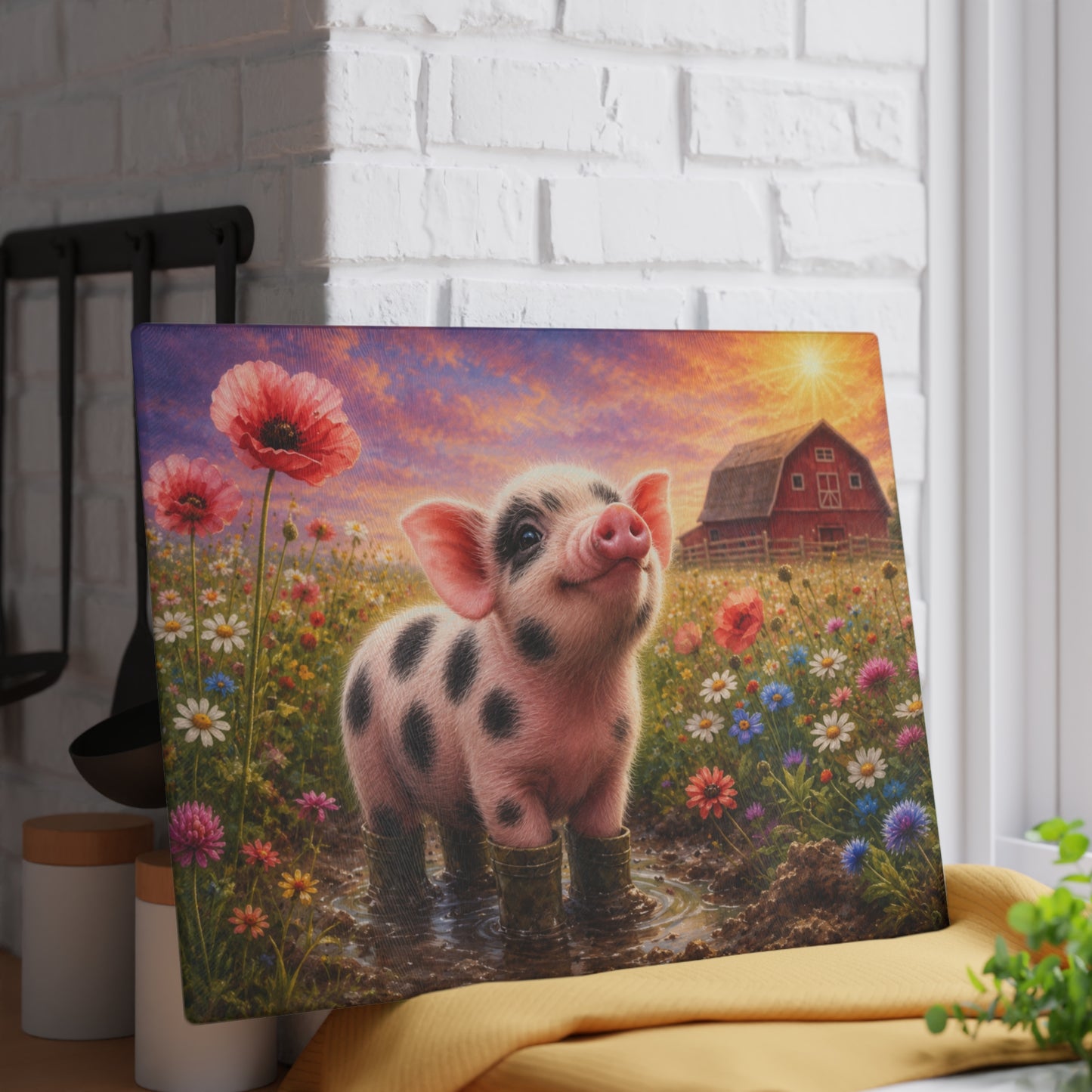 Piglet in Rain Boots Glass Cutting Board – Cute Baby Pig Farmhouse Kitchen Decor