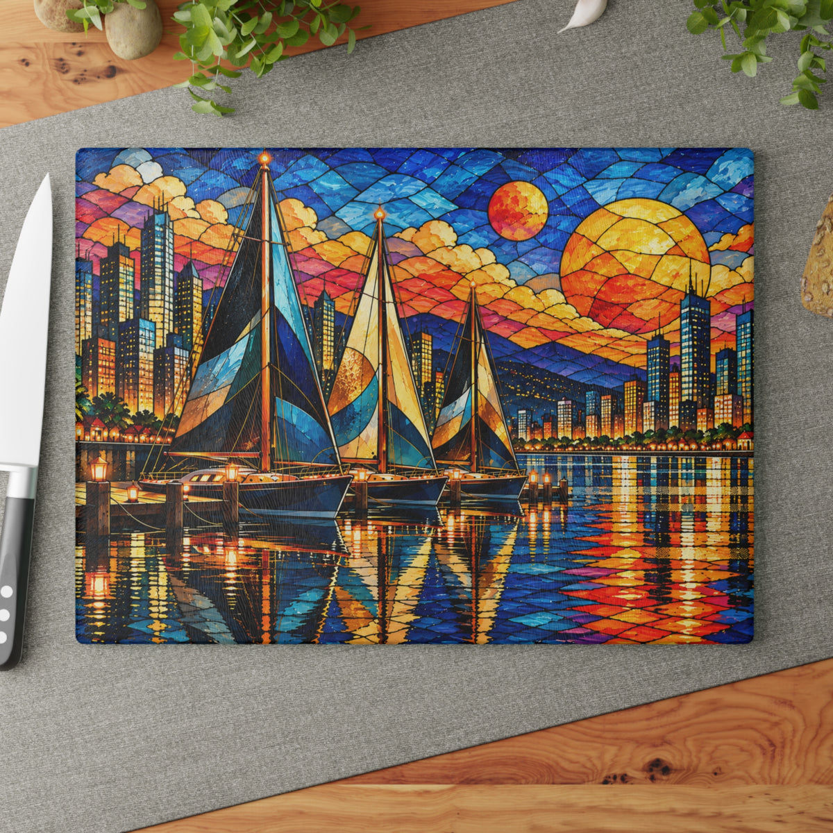 Stained-Glass-Inspired Sailboat Sunset Cutting Board – Colorful City Skyline, Glowing Marina, Golden Sunset & Nautical Kitchen Décor