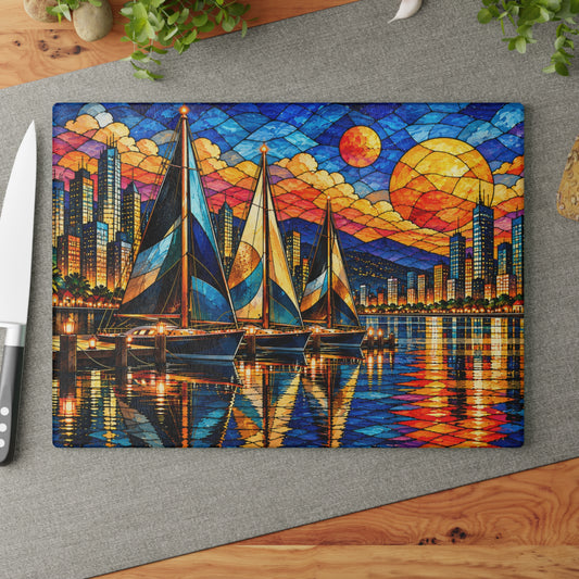 Stained-Glass-Inspired Sailboat Sunset Cutting Board – Colorful City Skyline, Glowing Marina, Golden Sunset & Nautical Kitchen Décor