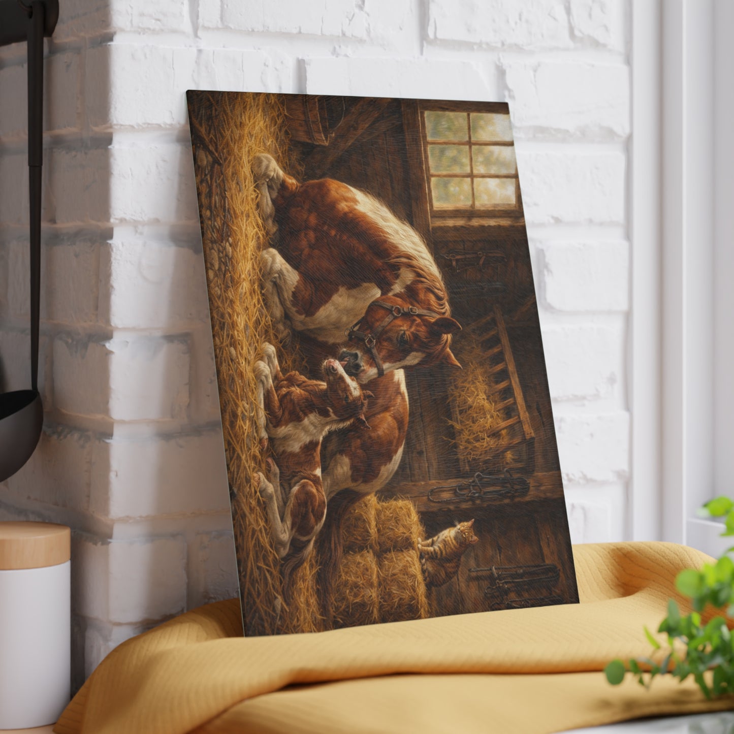 Mother Horse and Foal Barn Scene Glass Cutting Board – Rustic Farmhouse Kitchen Decor with Country Stable Artwork