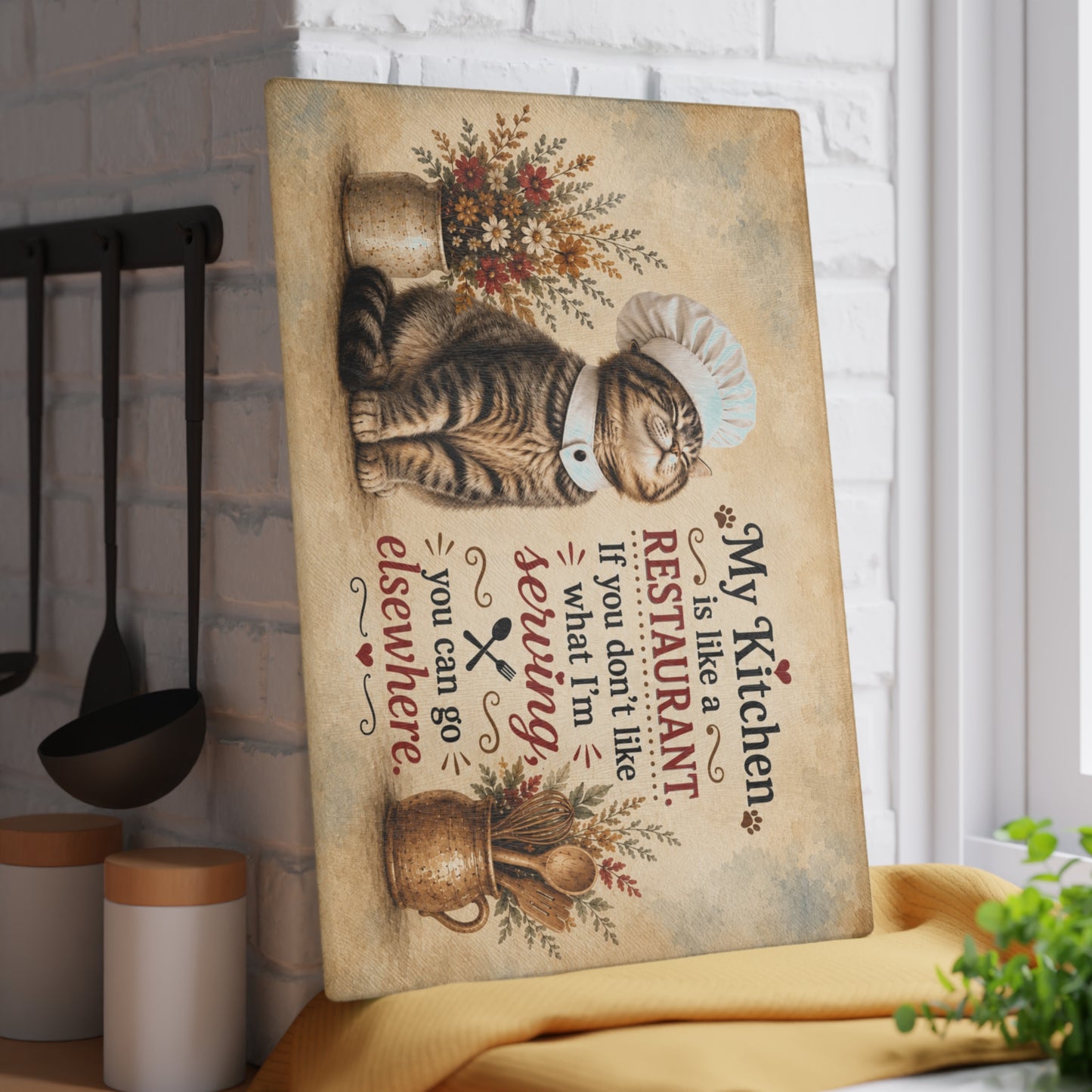 My Kitchen Is Like a Restaurant Glass Cutting Board – Funny Chef Cat Kitchen Decor with Humorous Quote