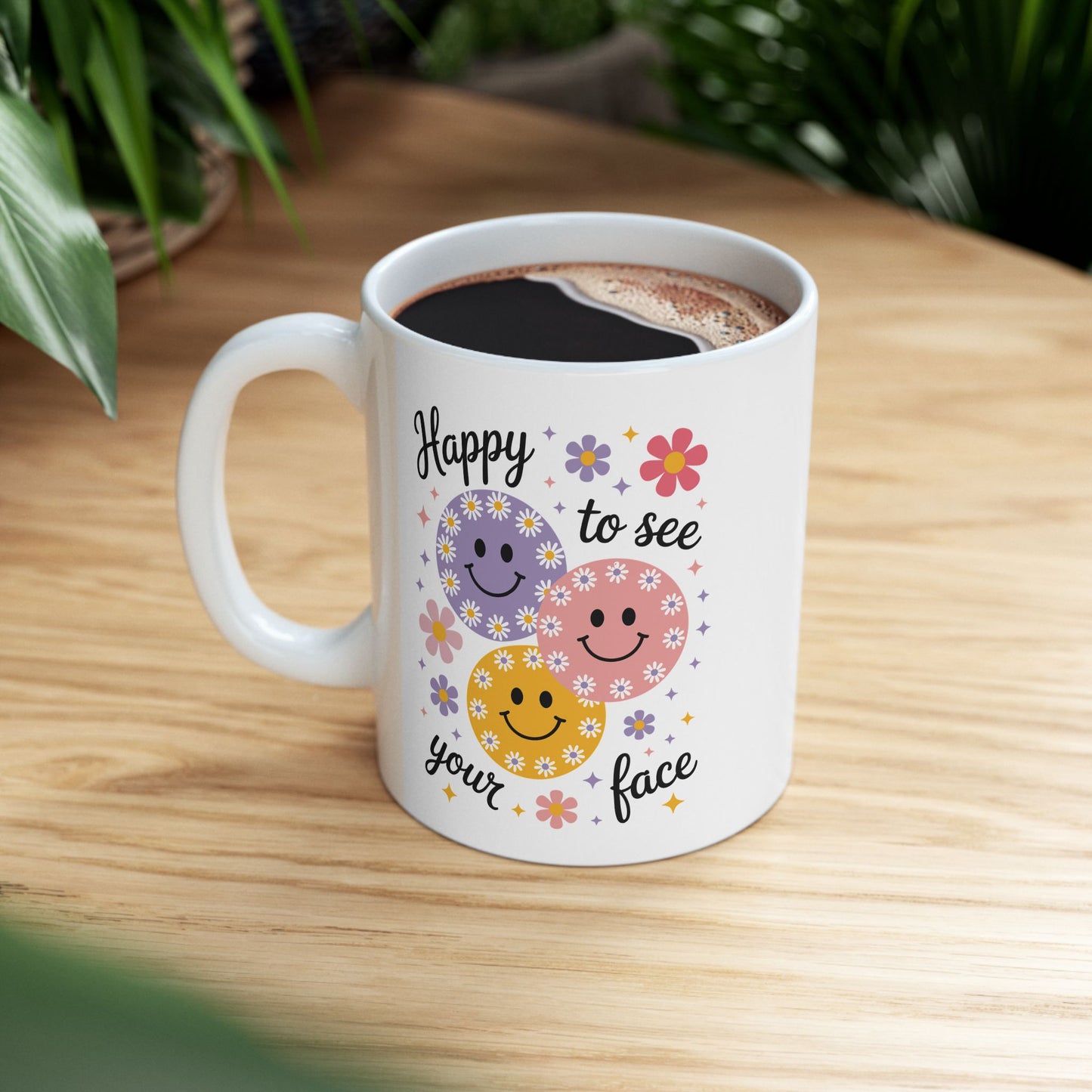 🌸😊 Happy to See Your Face Mug – Retro Smiley Flower Coffee Cup ☕🌼