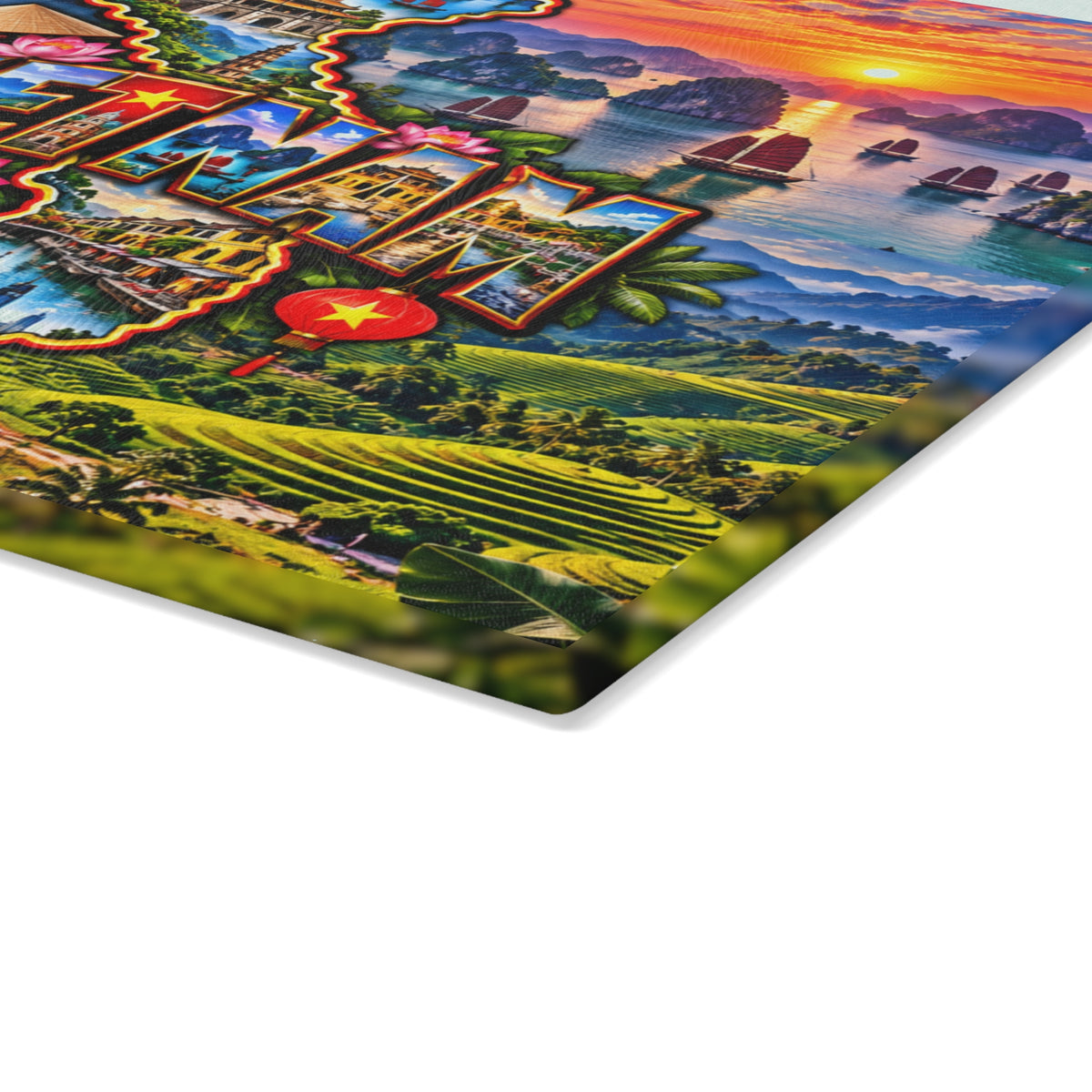 Vietnam Map Cutting Board – Colorful Ha Long Bay, Lantern-Lit Hoi An, Rice Terraces, Lotus Flowers & Vietnamese Kitchen Décor