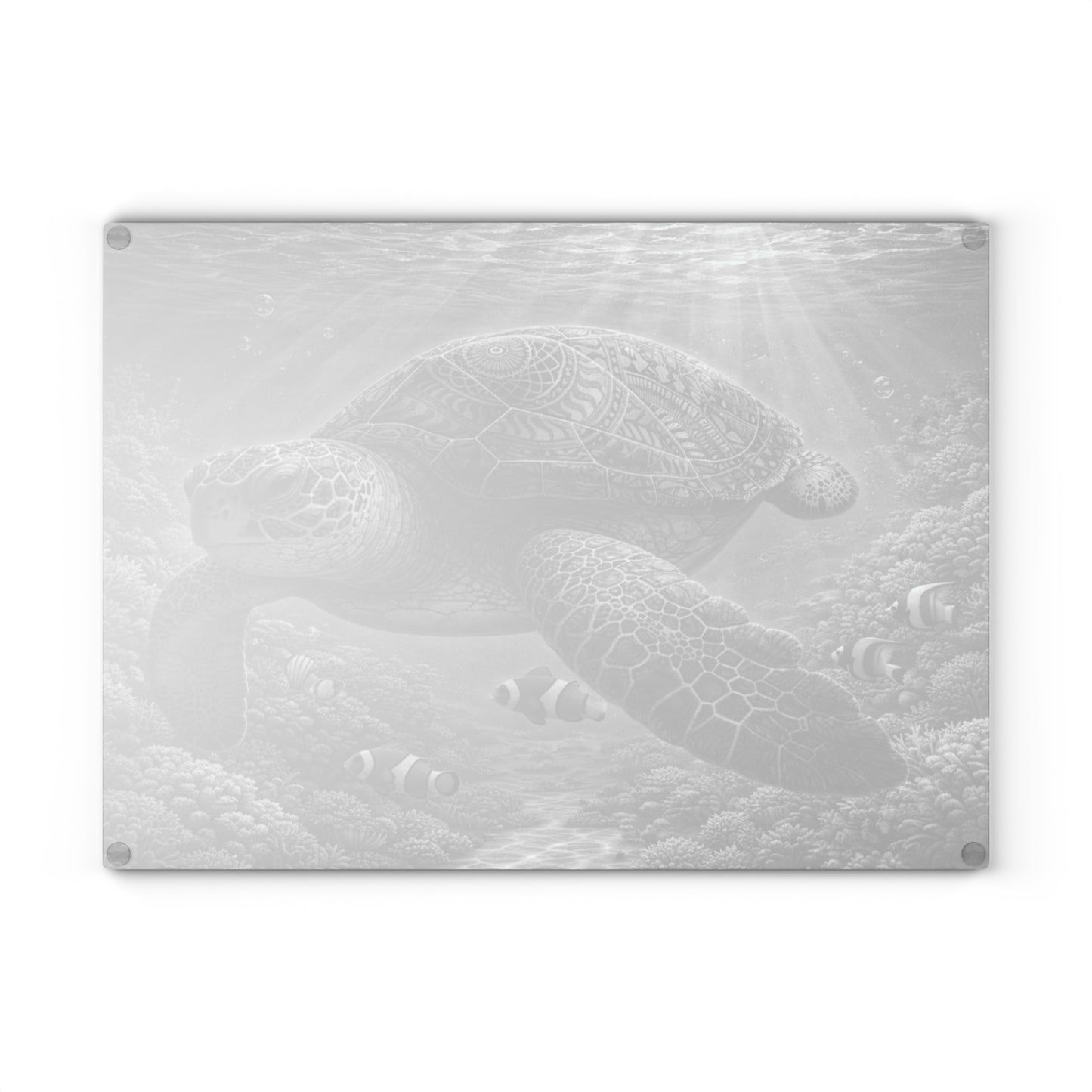 Sacred Depths Sea Turtle Glass Cutting Board – Black & White Ocean Artwork