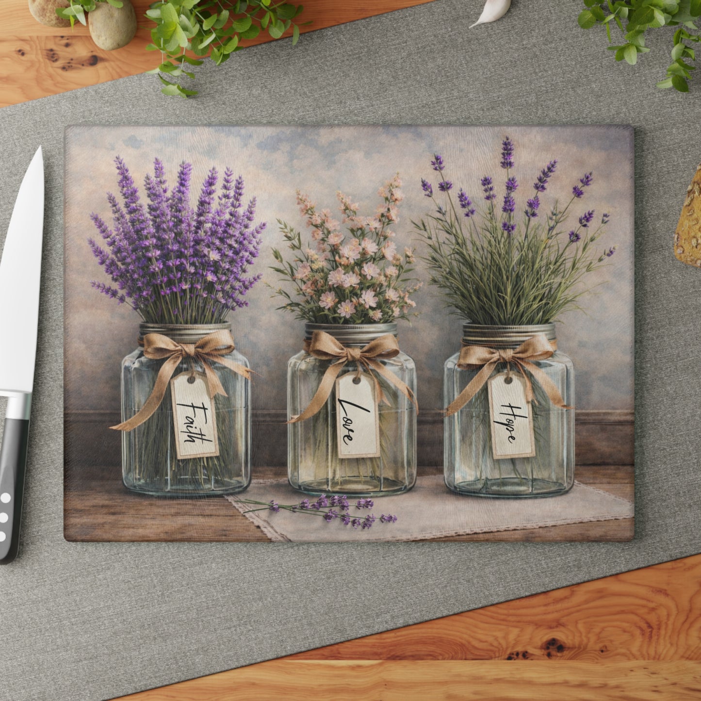 Faith Love Hope Glass Cutting Board – Rustic Mason Jar Florals with Lavender and Soft Pastels