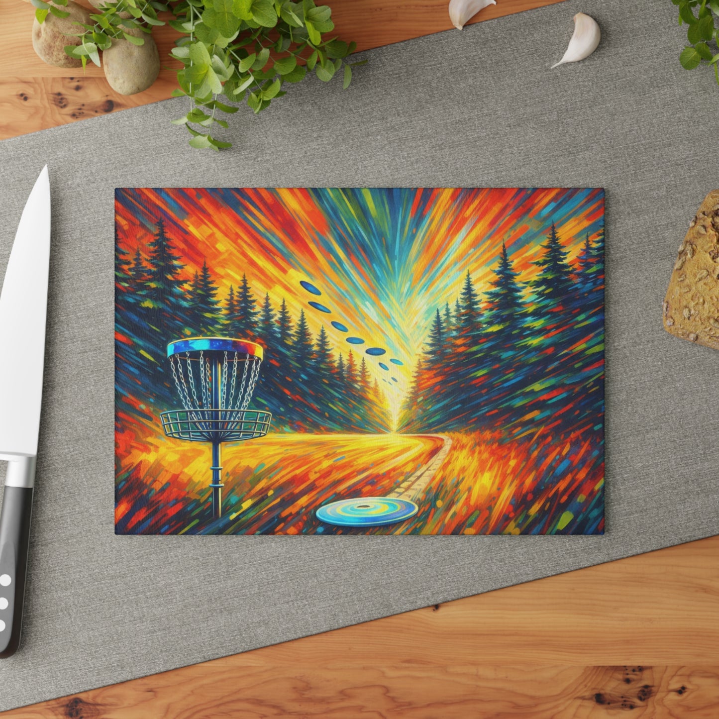 Disc Golf Basket Sunset Glass Cutting Board – Colorful Outdoor Sports Artwork