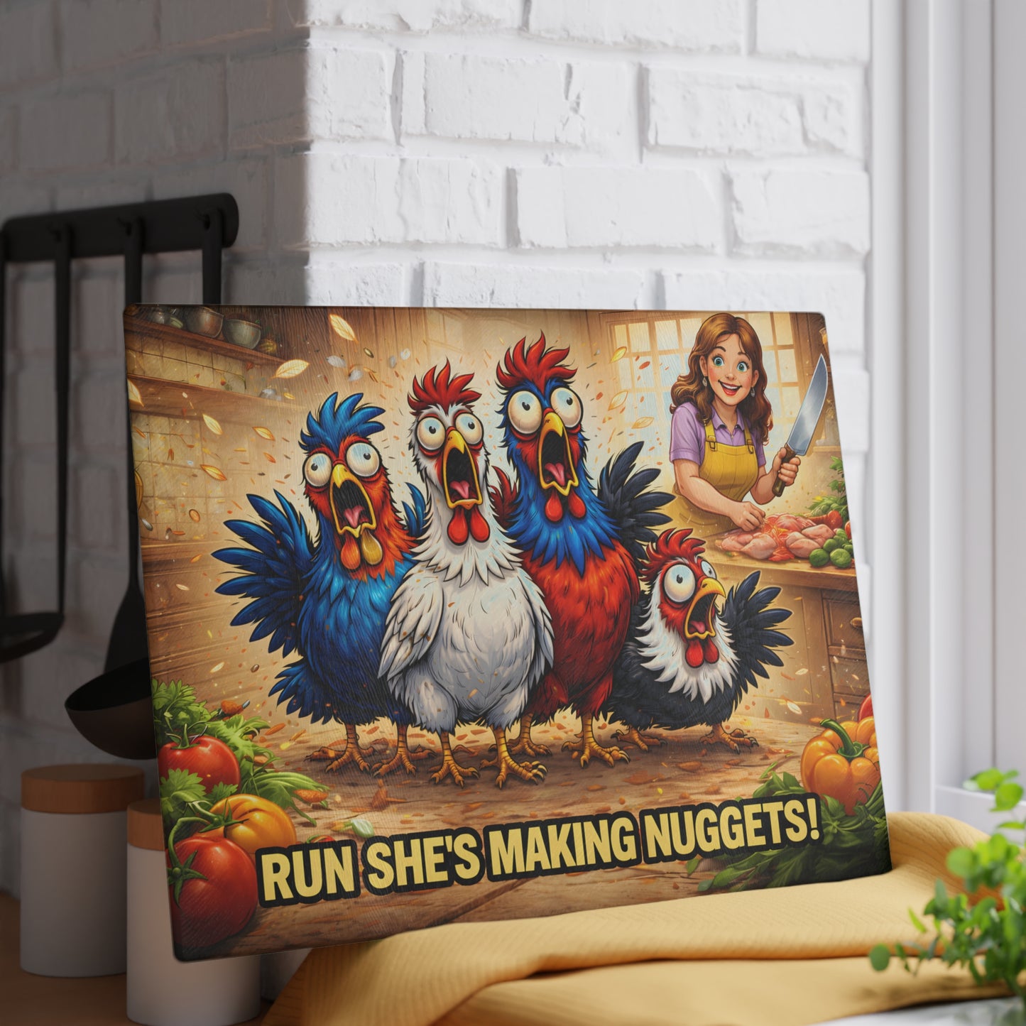 Run She’s Making Nuggets! Glass Cutting Board – Funny Chicken Kitchen Art