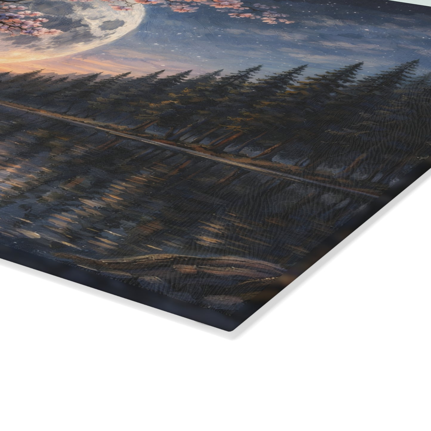 Moonlit Blossom Tree Glass Cutting Board – Dreamlike Night Landscape Art