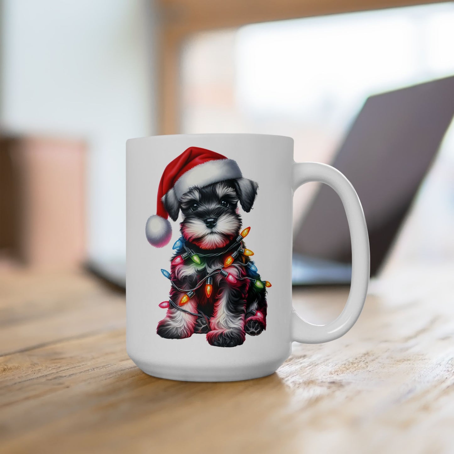 🎄 Miniature Schnauzer Christmas Mug – Holiday Cheer with a Pup in Lights 🐾