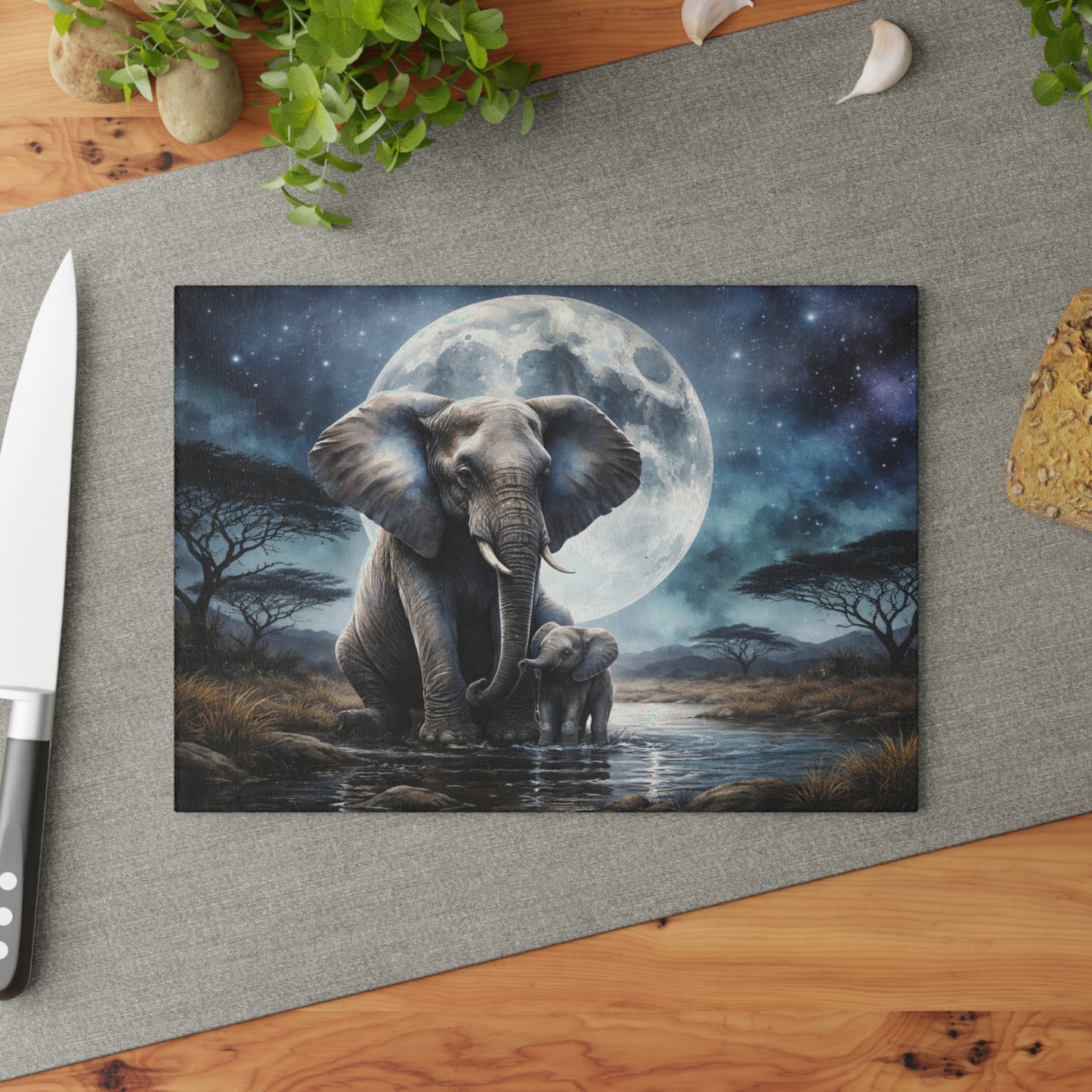 Moonlit Elephant and Calf Glass Cutting Board – Mystical Night Safari Wildlife Art