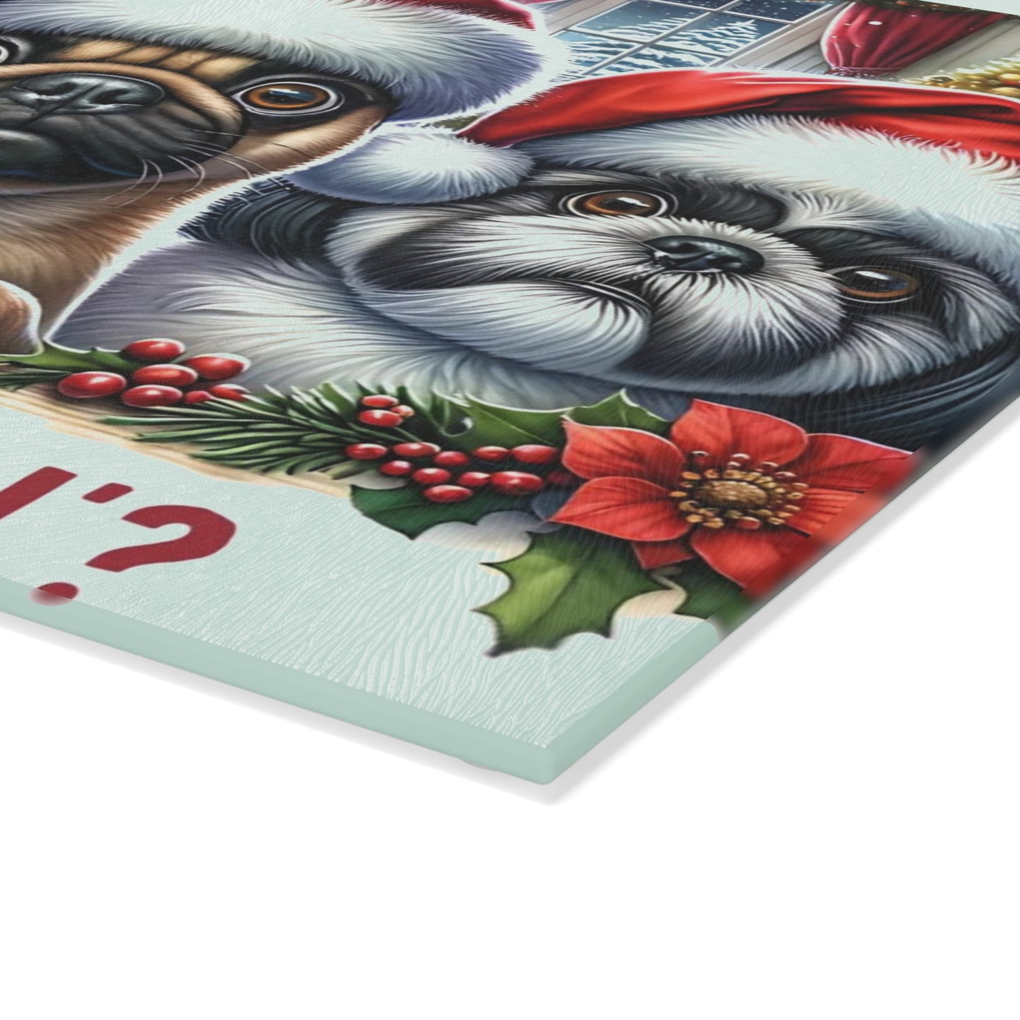 🐶🎄 “Whatcha Makin’?” Holiday Dogs Glass Cutting Board – Cozy Charm for Your Kitchen
