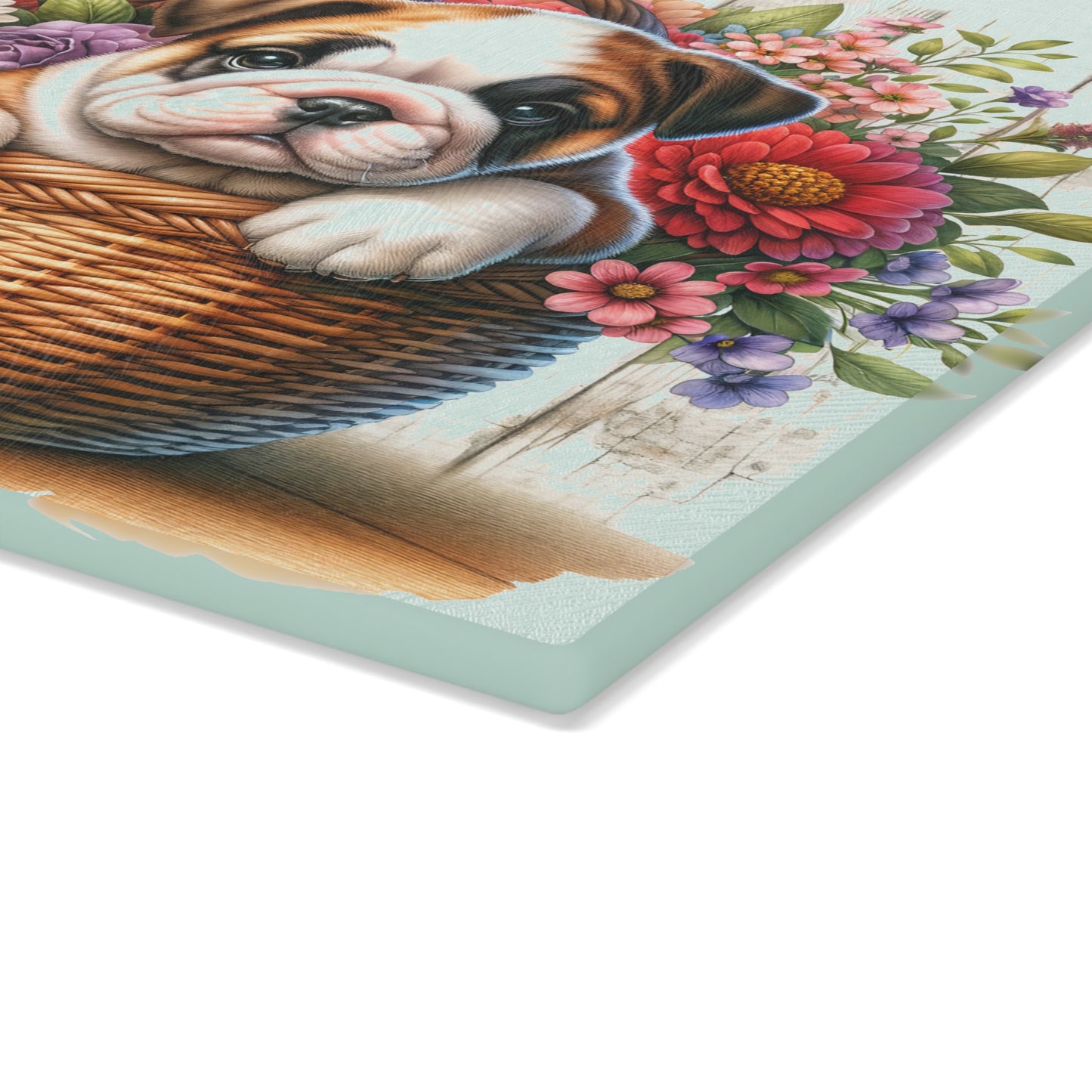 🐾 English Bulldog in Bloom Basket Cutting Board – Rustic Elegance for Your Kitchen 🌺