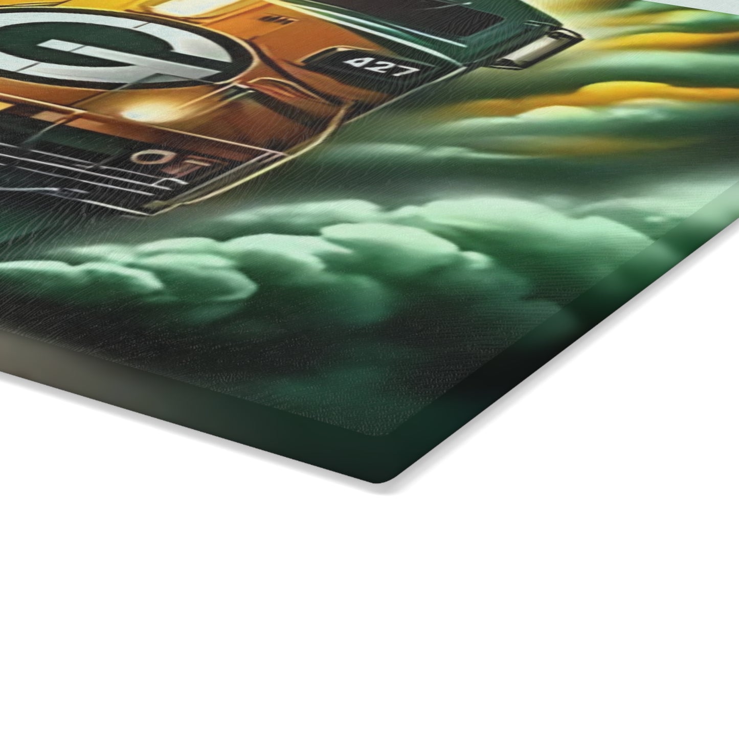 Green & Yellow Express Glass Cutting Board – Vibrant Train Kitchen Display