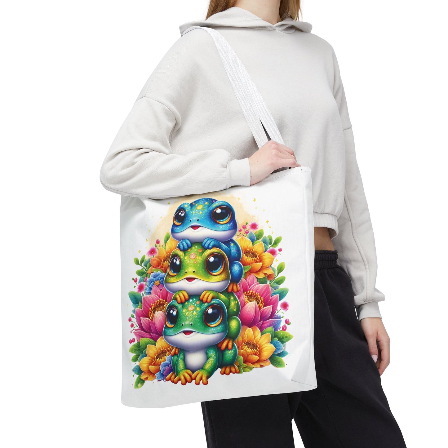 🐸 Stacked Frogs Floral Tote Bag – Colorful Whimsy for Every Day 🌸👜