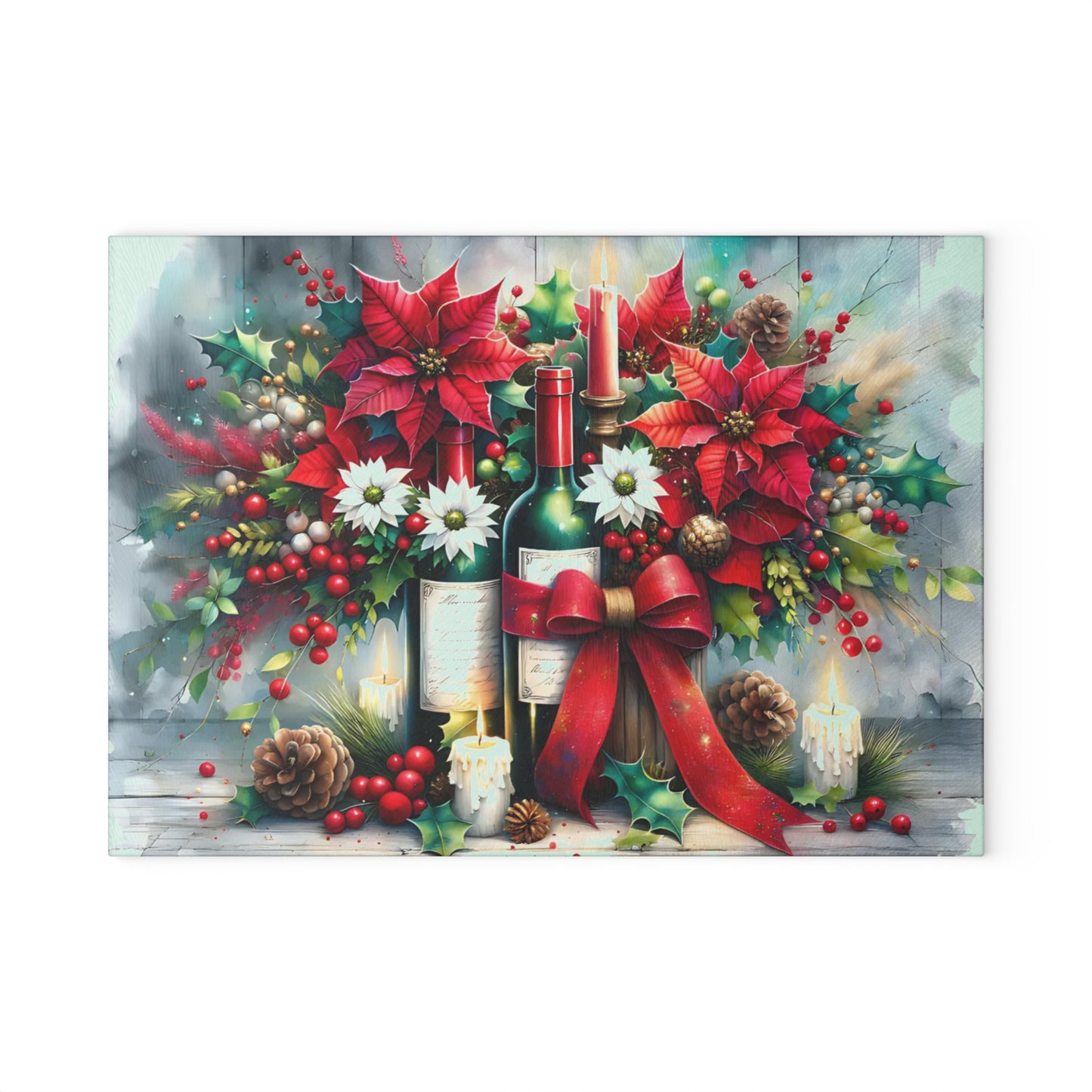 🎁🍷 “Poinsettias & Pinot” Glass Cutting Board – Festive Floral Wine Scene for Your Holiday Kitchen