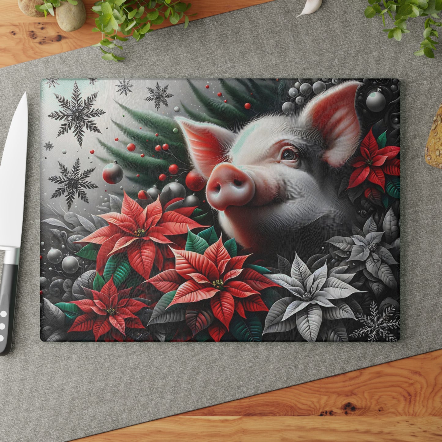 🐷✨ “Holiday Poinsettia Pig” Glass Cutting Board – Festive Farmhouse Cheer for Your Kitchen