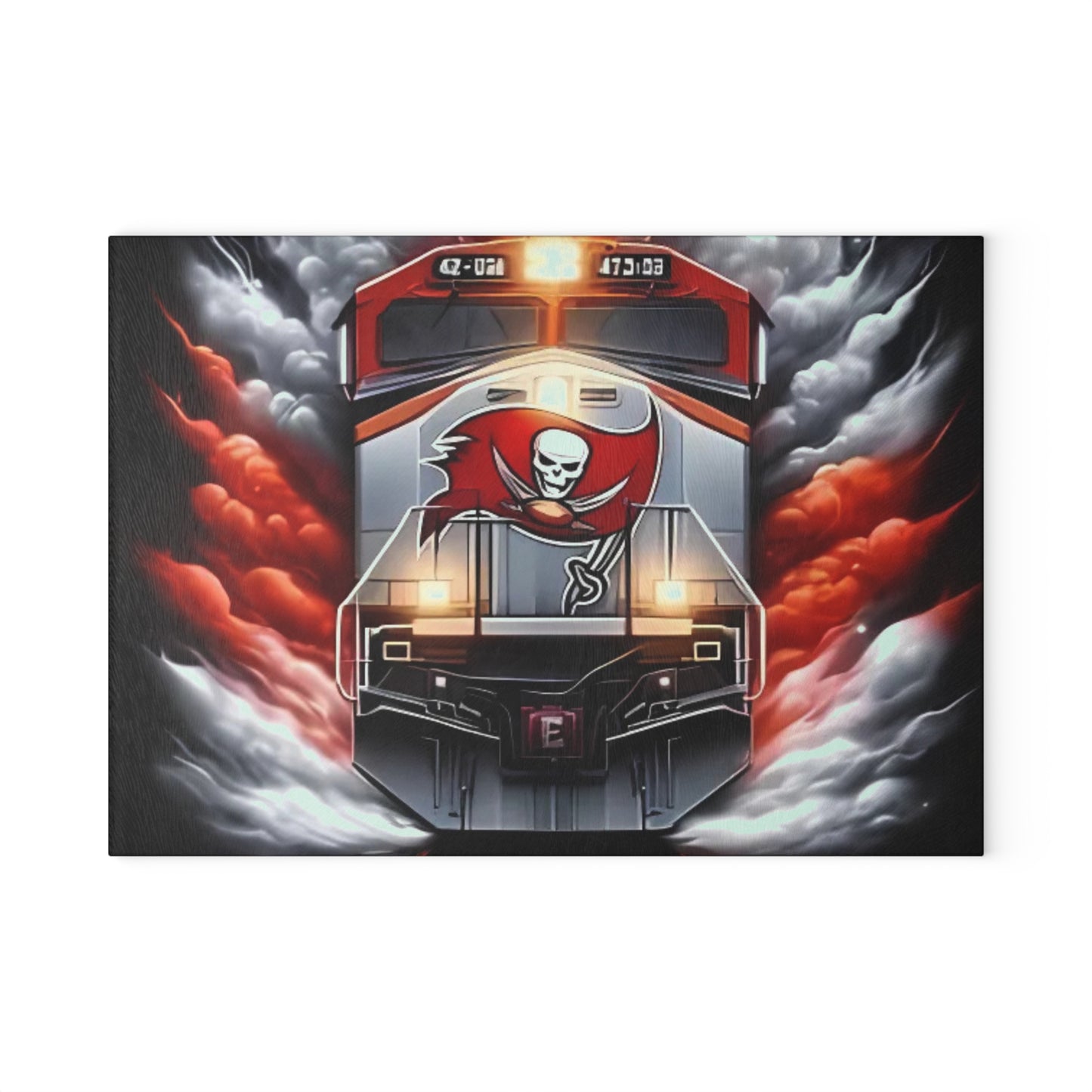 Tabla de cortar de vidrio Express roja y negra: arte de trenes de potencia del desierto para cocinas audaces