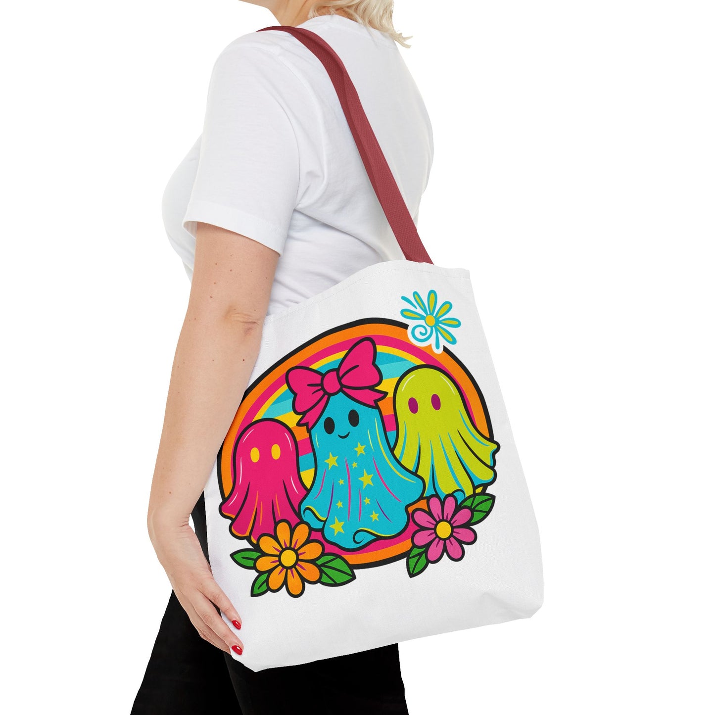 🌈 Retro Rainbow Ghosts Tote Bag – Groovy Spooky Fun 👻👜