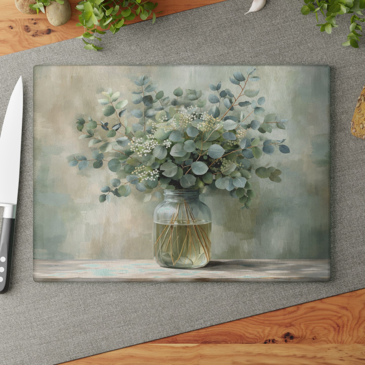 Eucalyptus Mason Jar Glass Cutting Board – Farmhouse Botanical Kitchen Decor