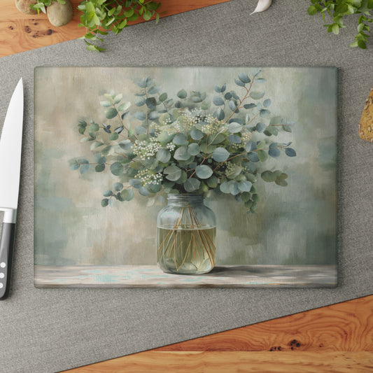 Eucalyptus Mason Jar Glass Cutting Board – Farmhouse Botanical Kitchen Decor