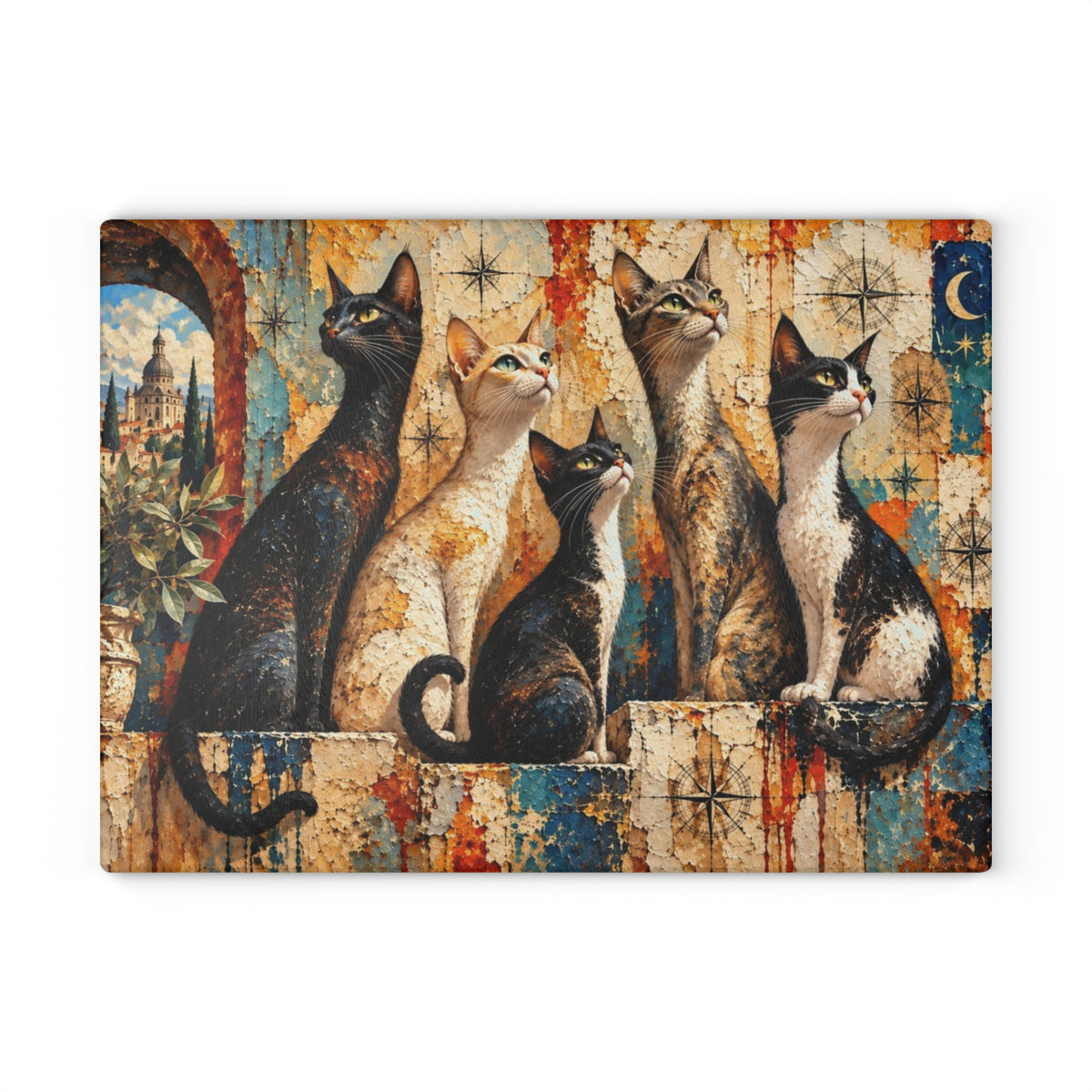 Five Curious Cats Tempered Glass Cutting Board – Colorful Mediterranean Cat Artwork – 11 × 15 Inches