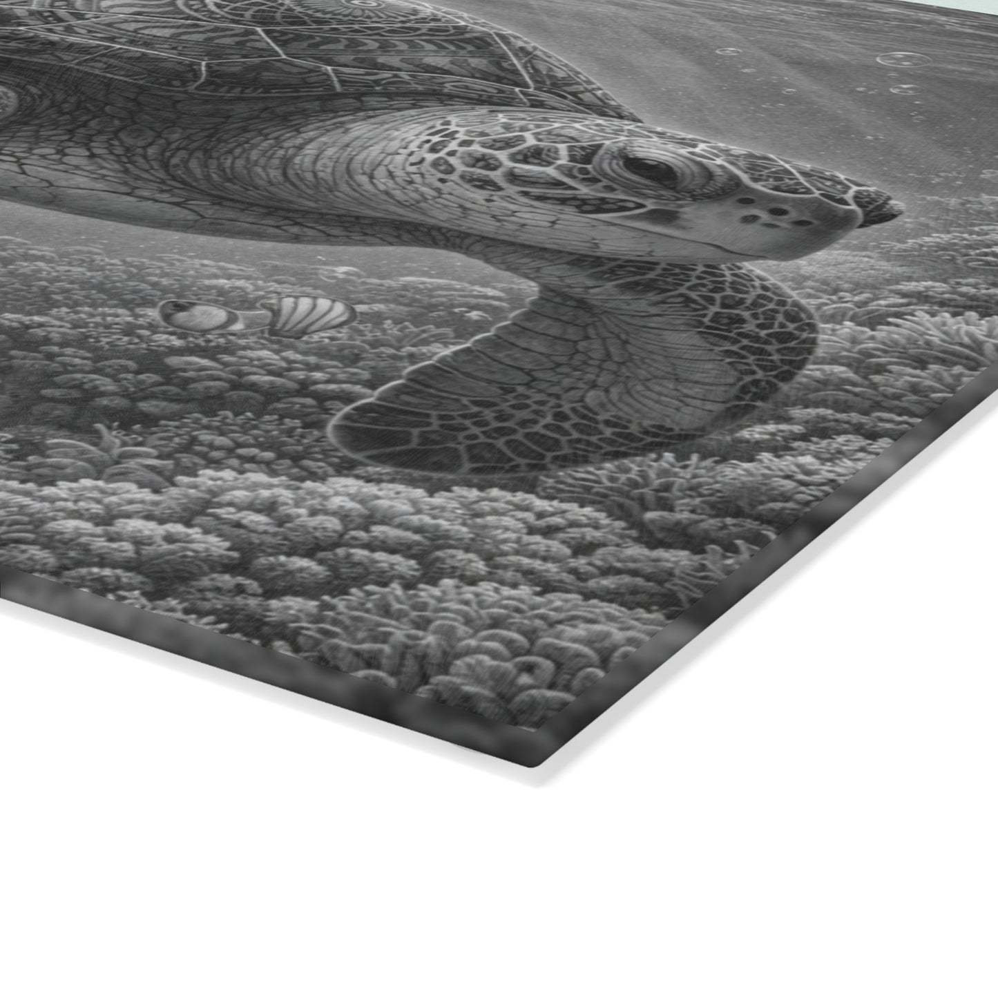 Sacred Depths Sea Turtle Glass Cutting Board – Black & White Ocean Artwork