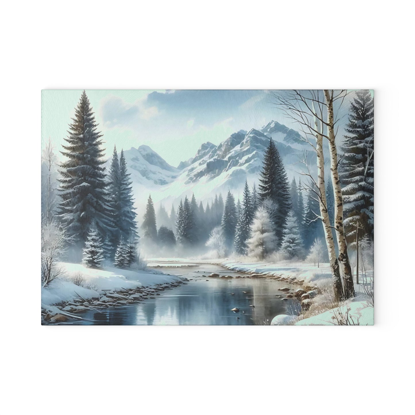 ❄️ Winter River Forest Cutting Board – Serene Snowy Escape for Your Kitchen 🏞️