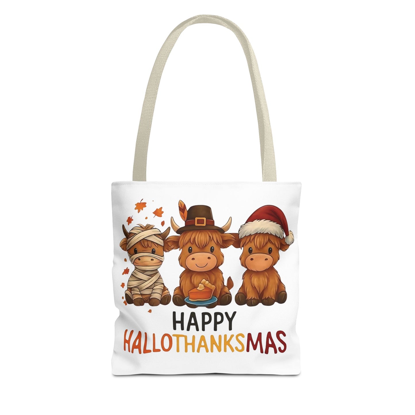 🐮 Happy Hallothanksmas Highland Cow Tote Bag – Holiday Fun All Season 🎃🦃🎄👜