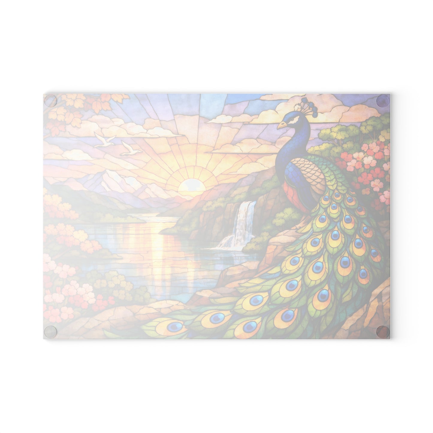 Stained Glass Style Peacock Landscape Glass Cutting Board – Colorful Nature Art Kitchen Decor