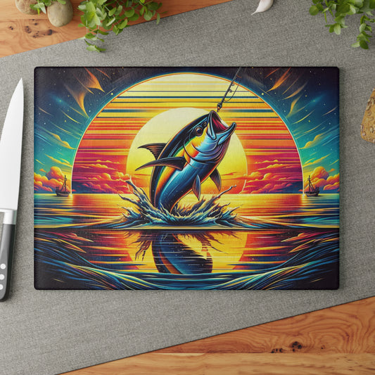 Vibrant Fishing Sunset Glass Cutting Board – Coastal Angler Kitchen Art