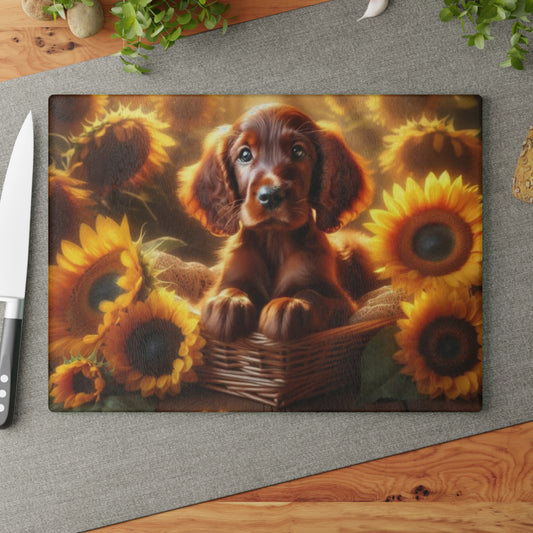 🐶🌻 Irish Setter Puppy & Sunflowers Cutting Board – Golden Glow Meets Puppy Charm