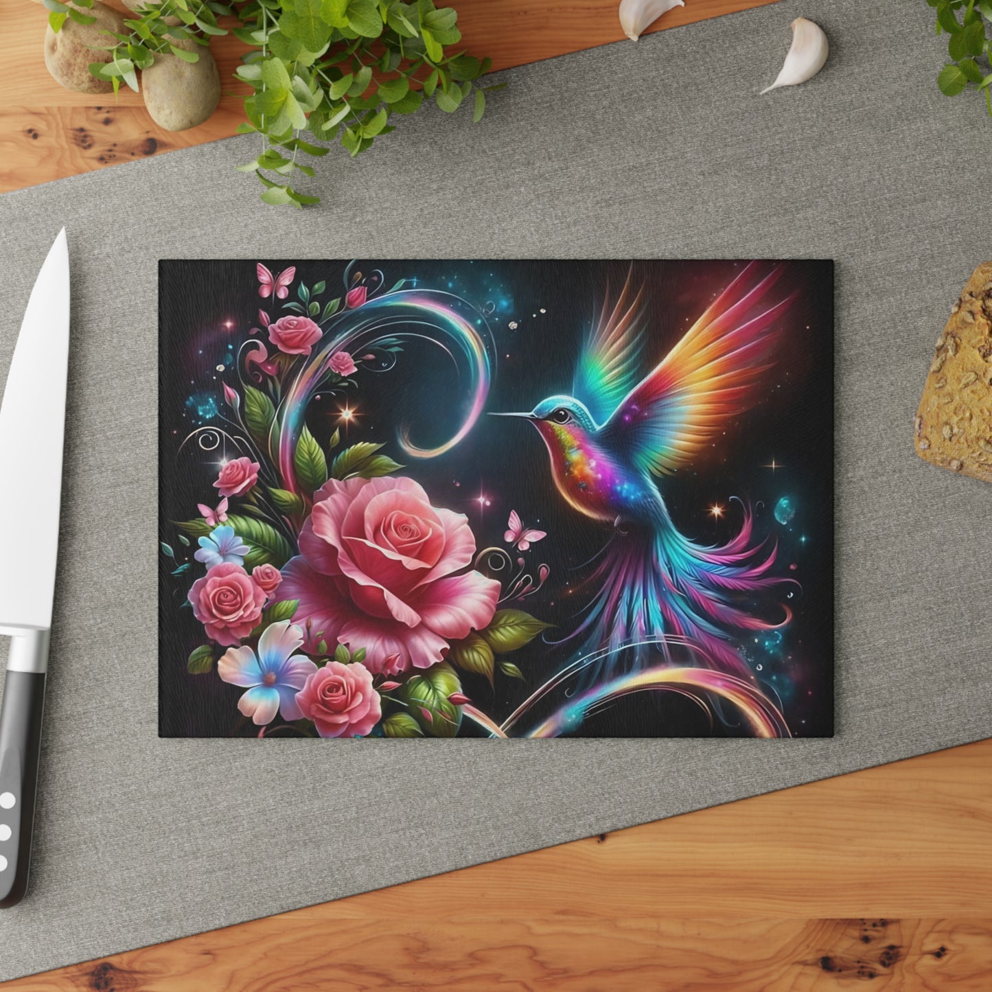 Hummingbird & Roses Tempered Glass Cutting Board – Floral Kitchen Decor, Spring Gift, Mother’s Day Present
