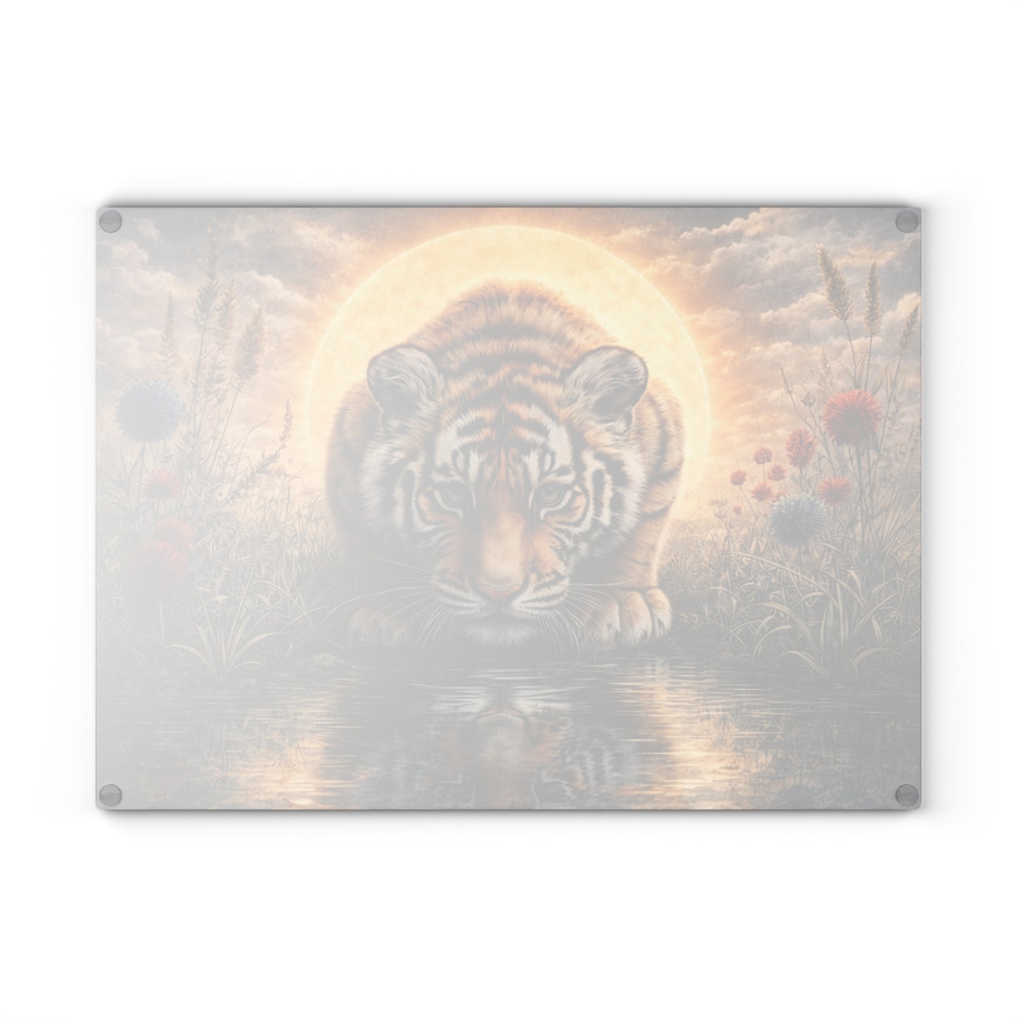 Tiger at Golden Sunset Glass Cutting Board – Majestic Wildlife Reflection Artwork