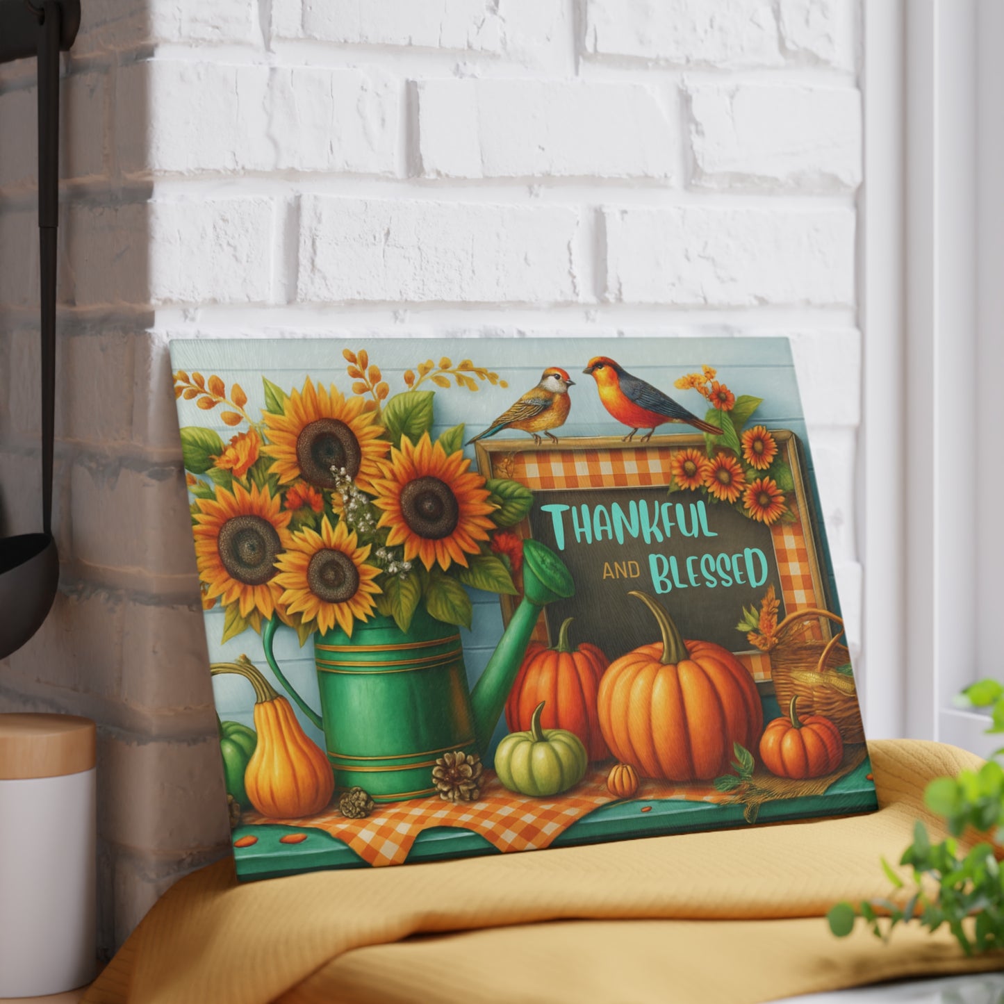 🍂🌻 “Thankful & Blessed Harvest” Tempered Glass Board – Sunny Fall Kitchen Cheer