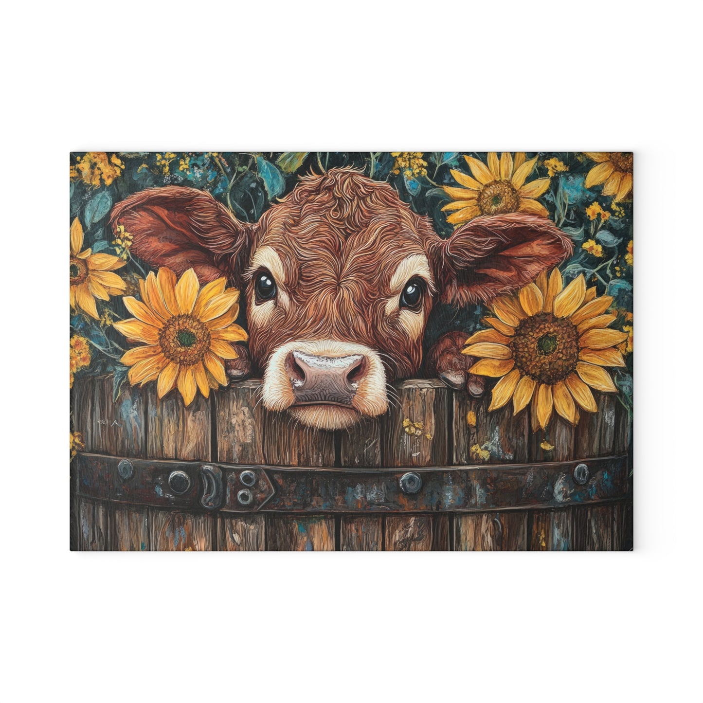 🐮🌻 Rustic Sunflower Calf Cutting Board – Farmhouse Charm for Your Kitchen 🌾