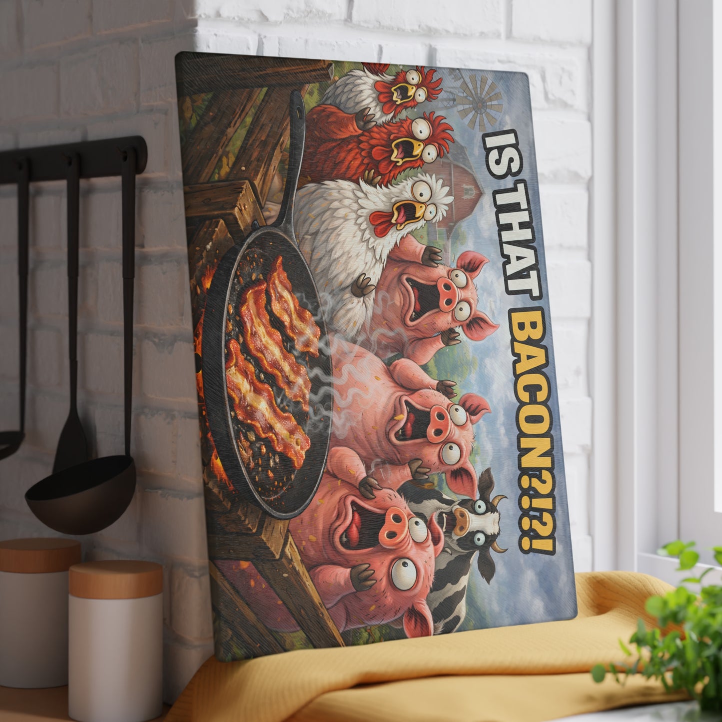 Is That Bacon?! Glass Cutting Board – Funny Farm Animal Kitchen Chaos Art