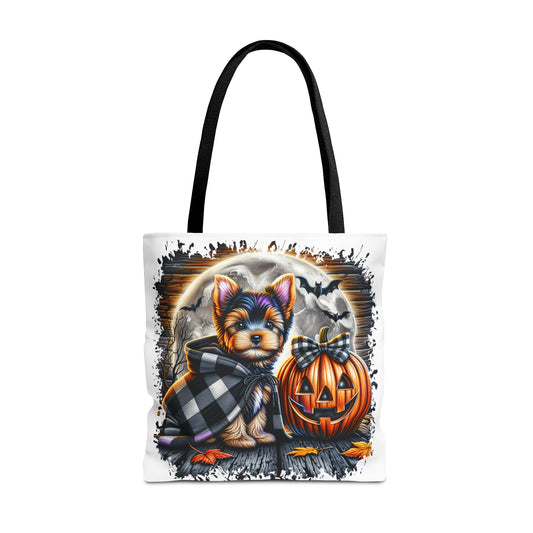 🎃 Yorkie Halloween Tote Bag – Spooky Cute & Plaid Perfect 🐾🖤👜