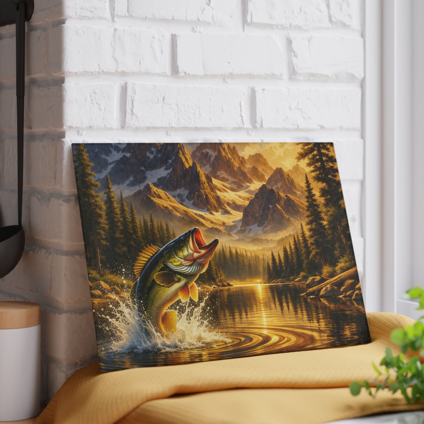 Golden Mountain Bass Glass Cutting Board – Rustic Fishing Lake Landscape Kitchen Art