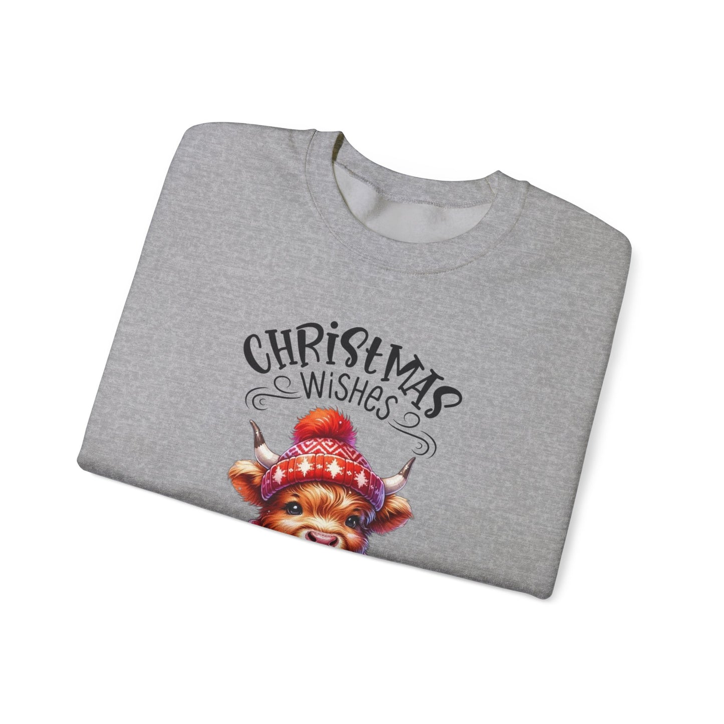🎄☕🐮 Christmas Wishes and Cocoa Kisses Sweatshirt – Cozy Highland Cow Holiday Sweater ❄️❤️