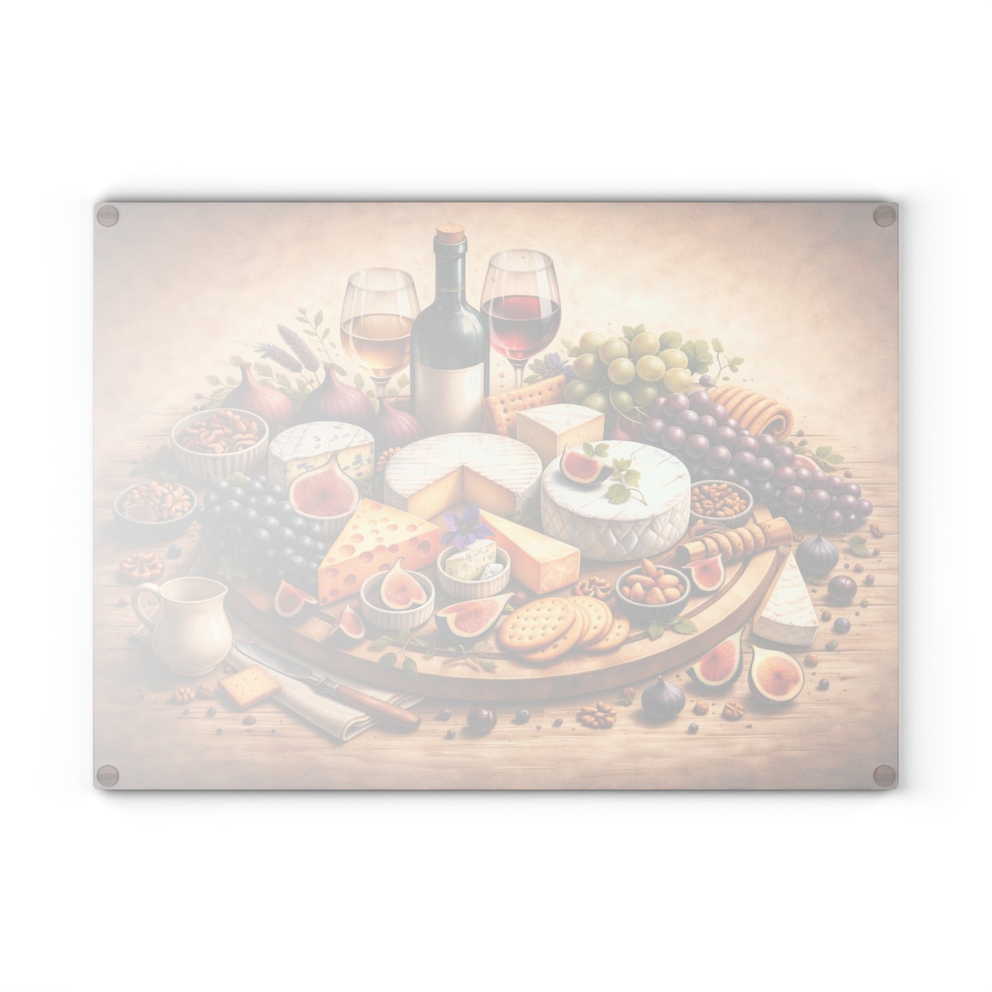 Artisan Cheese & Wine Still Life Glass Cutting Board – Elegant Entertaining Kitchen Décor