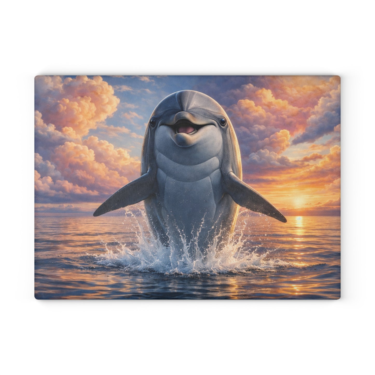 Joyful Dolphin Sunrise Glass Cutting Board – Uplifting Ocean Artwork