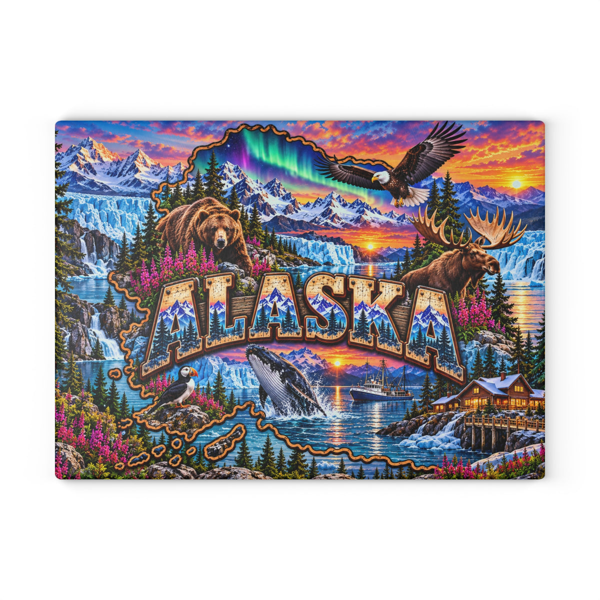 Alaska Scenic Wildlife Glass Cutting Board – Northern Lights, Mountains, Bears, Moose & Coastal Kitchen Décor