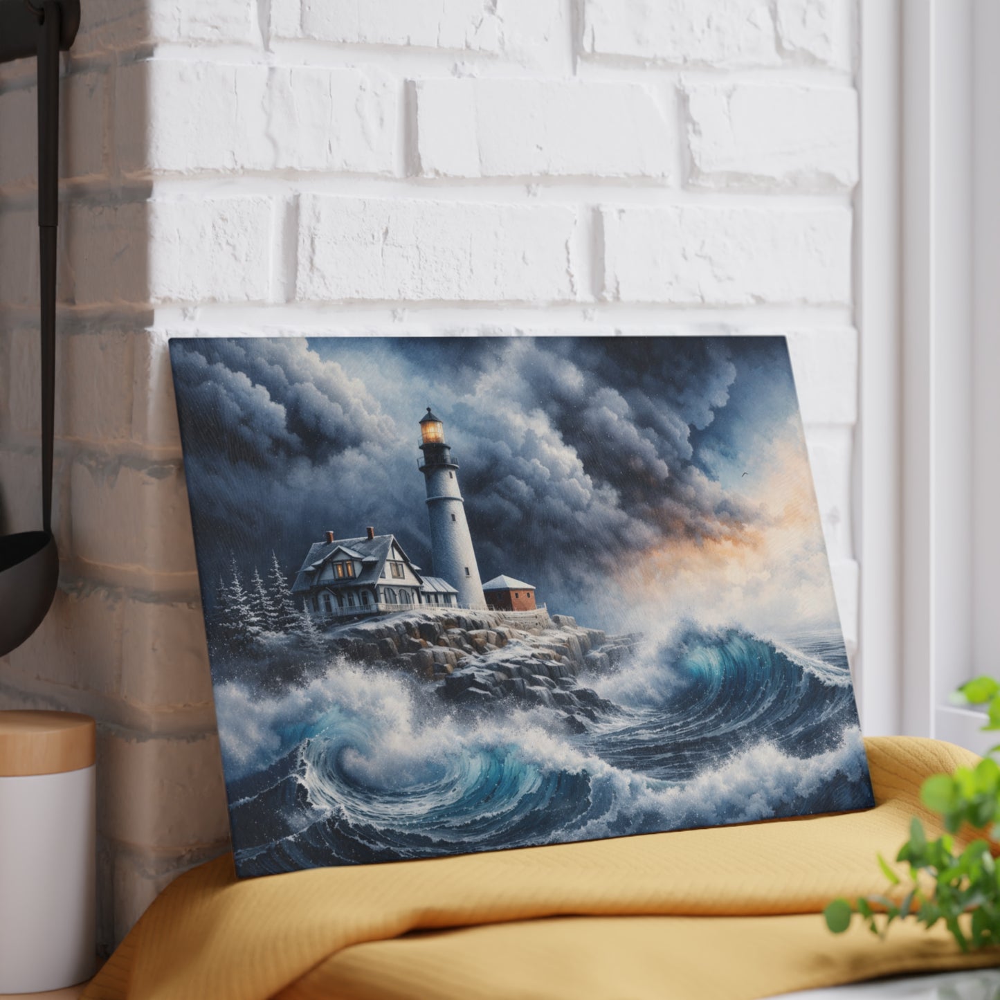 Storm watch Lighthouse Glass Cutting Board – Dramatic Coastal Ocean Art