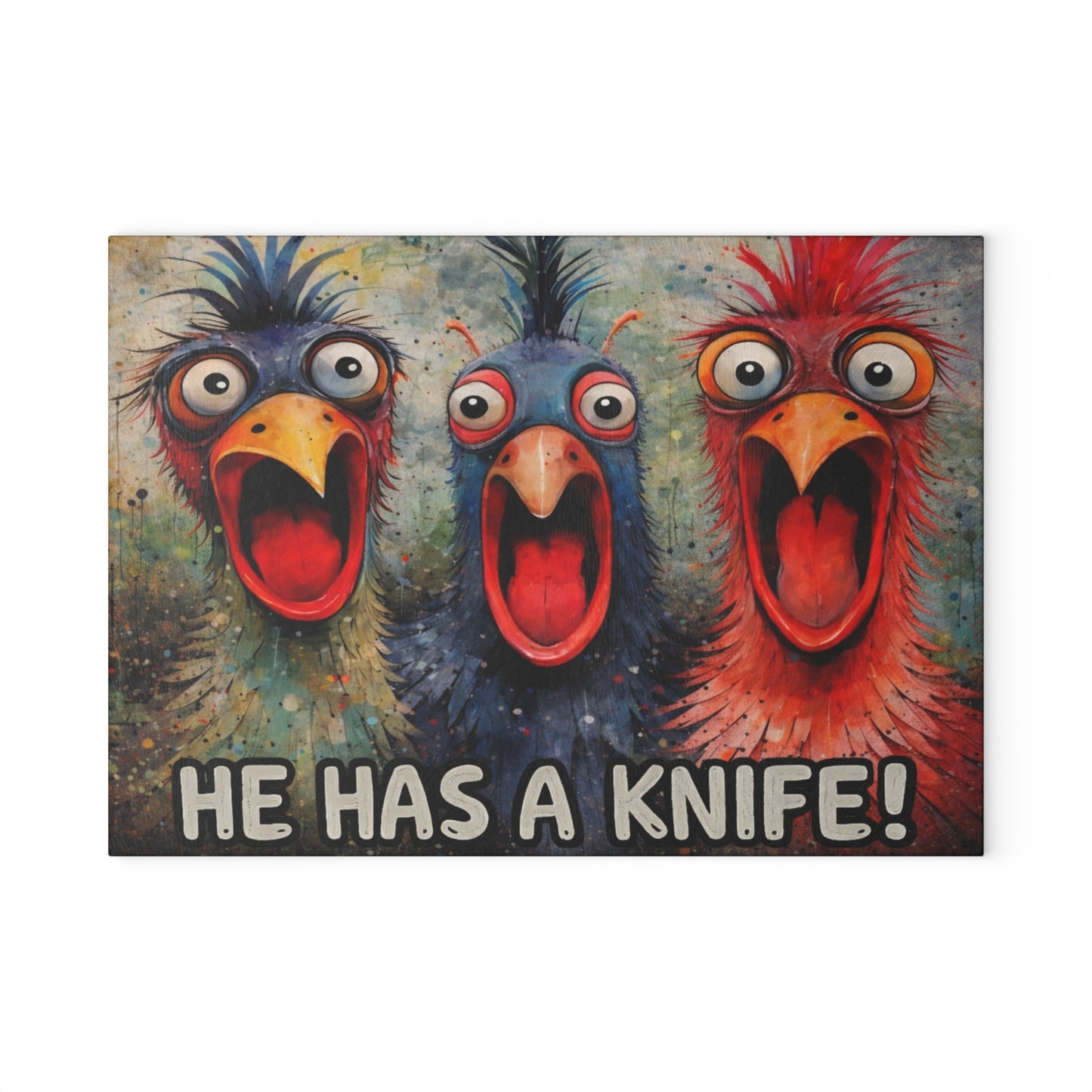 He Has a Knife! Glass Cutting Board – Funny Chicken Farm Kitchen Decor
