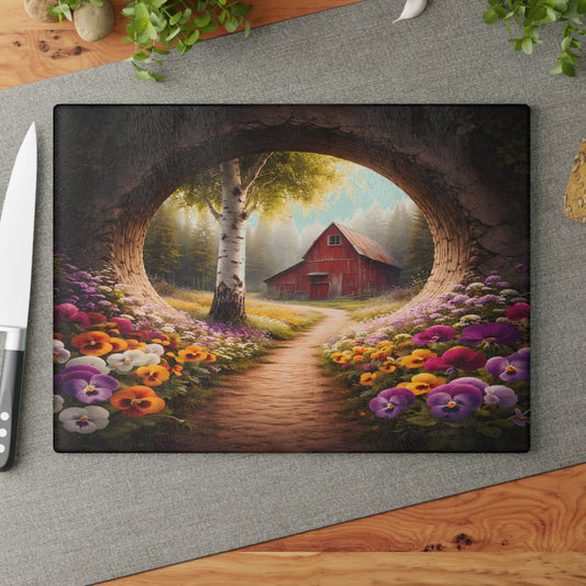 Rustic Barn Path Glass Cutting Board – Cottage Garden Farmhouse Kitchen Decor