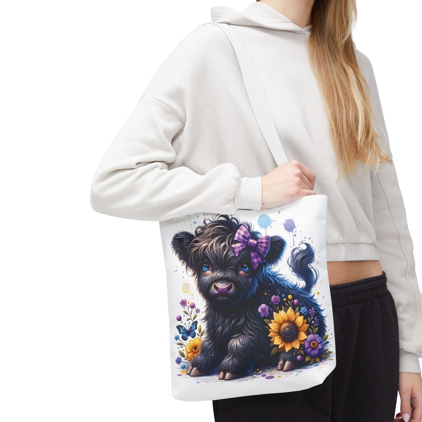 💜 Purple Bow Black Highland Calf Tote Bag – Country Charm with a Pop of Color 🐮👜