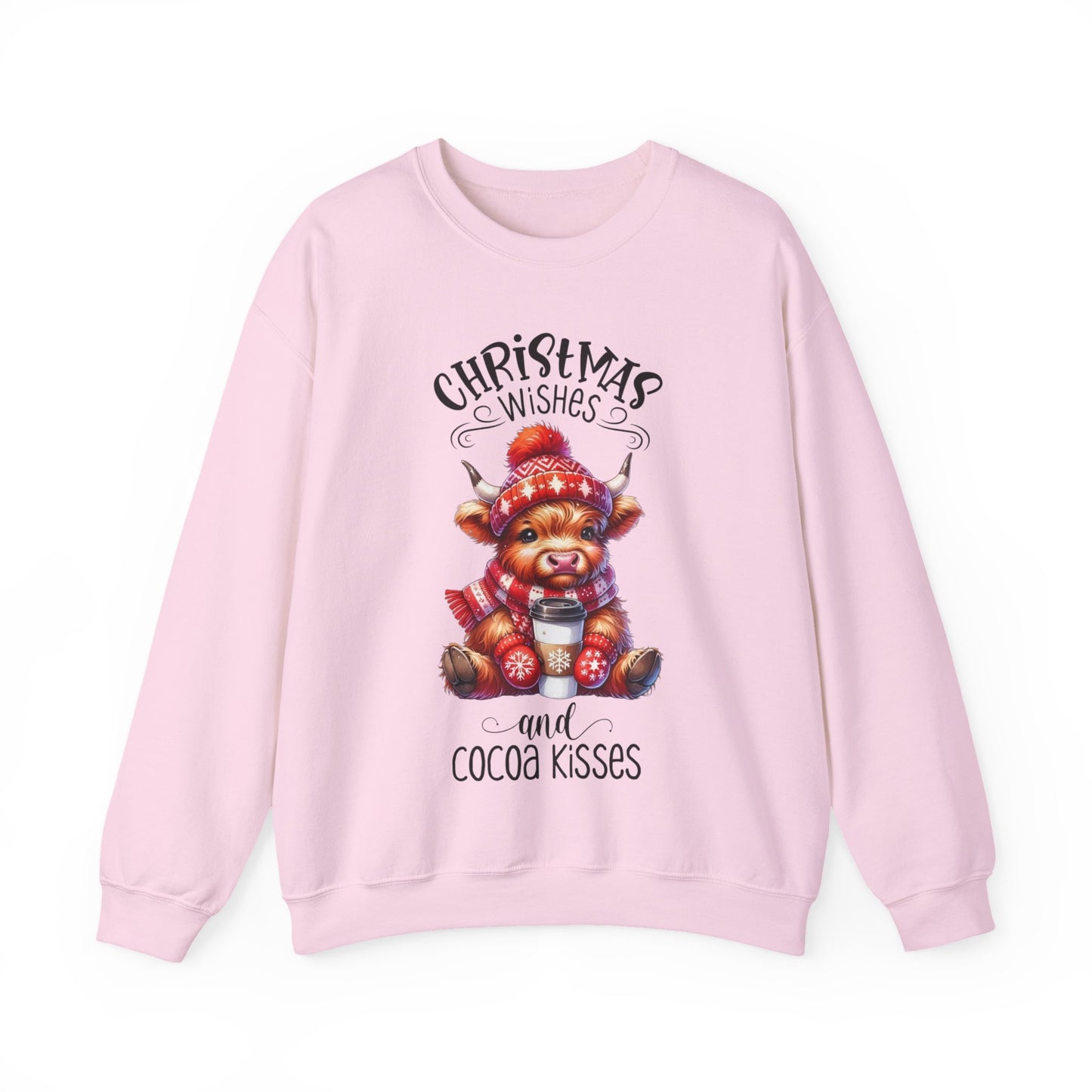 🎄☕🐮 Christmas Wishes and Cocoa Kisses Sweatshirt – Cozy Highland Cow Holiday Sweater ❄️❤️