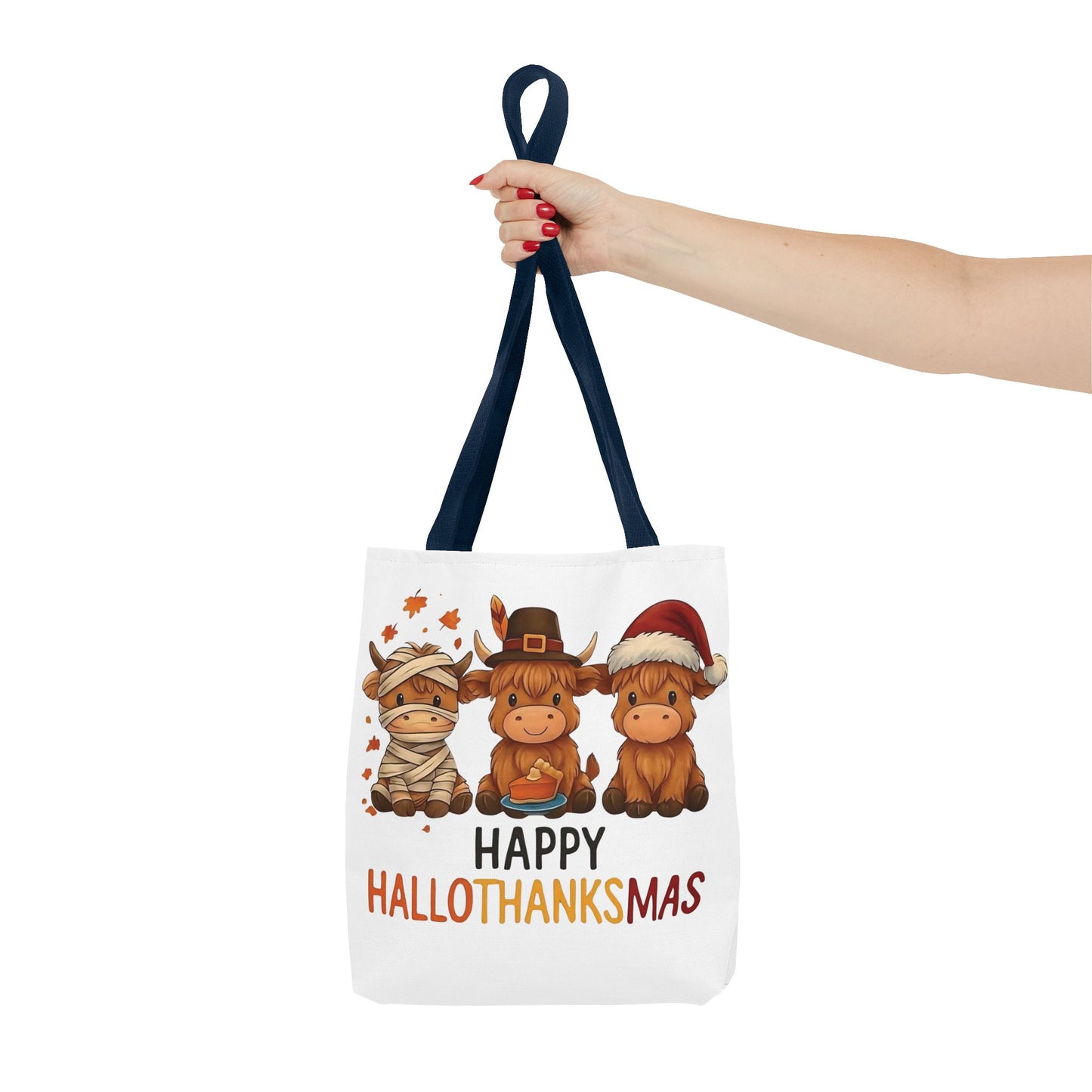 🐮 Happy Hallothanksmas Highland Cow Tote Bag – Holiday Fun All Season 🎃🦃🎄👜
