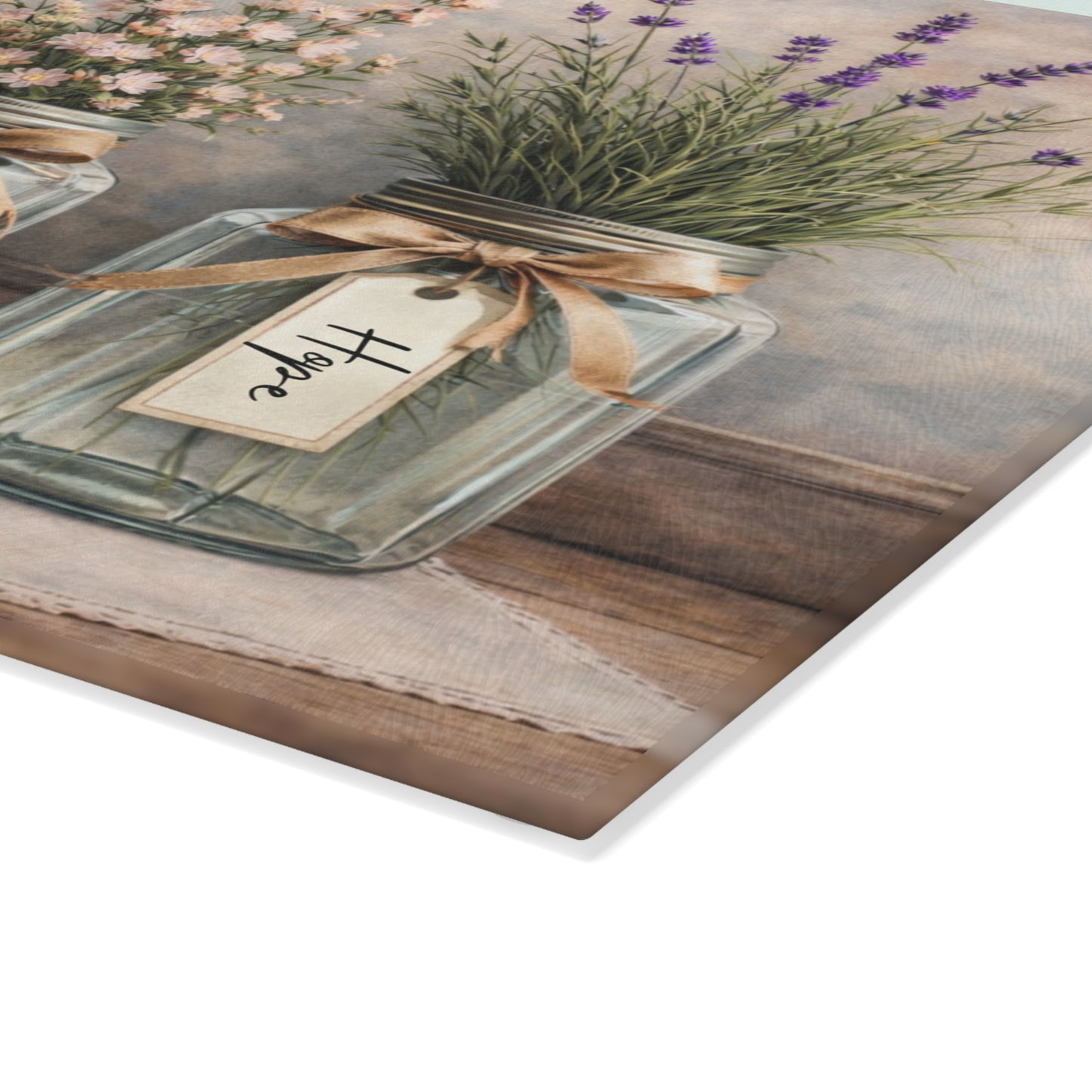 Faith Love Hope Glass Cutting Board – Rustic Mason Jar Florals with Lavender and Soft Pastels