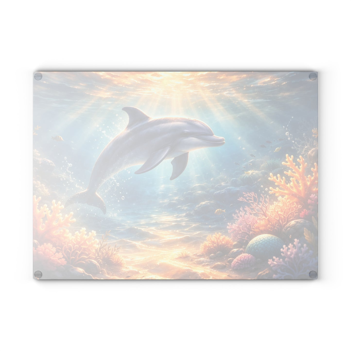 Sunlit Dolphin Glass Cutting Board – Serene Ocean Reef Artwork